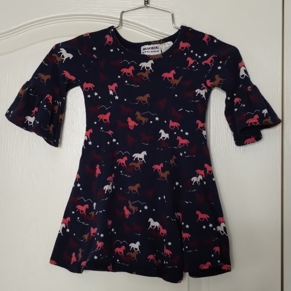 Blueberi Boulevard Girls 2T Navy horse print dress ruffle sleeve